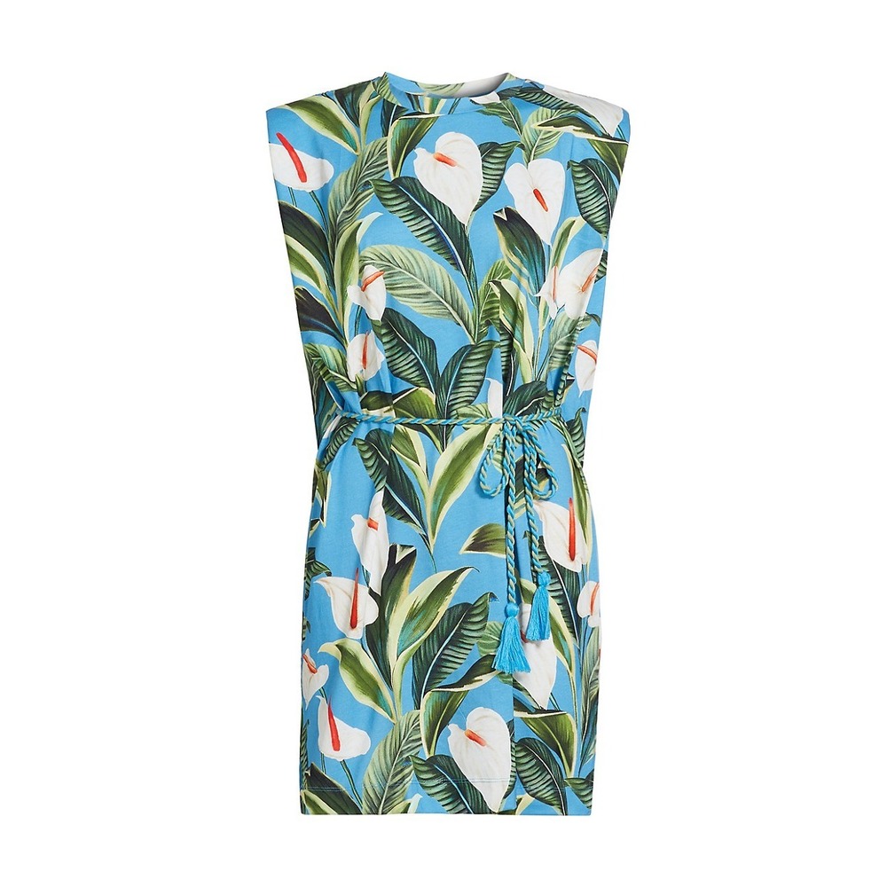 Farm Rio Blue Anthurium Garden Organic Cotton Mini T-Shirt Dress Small Tropical